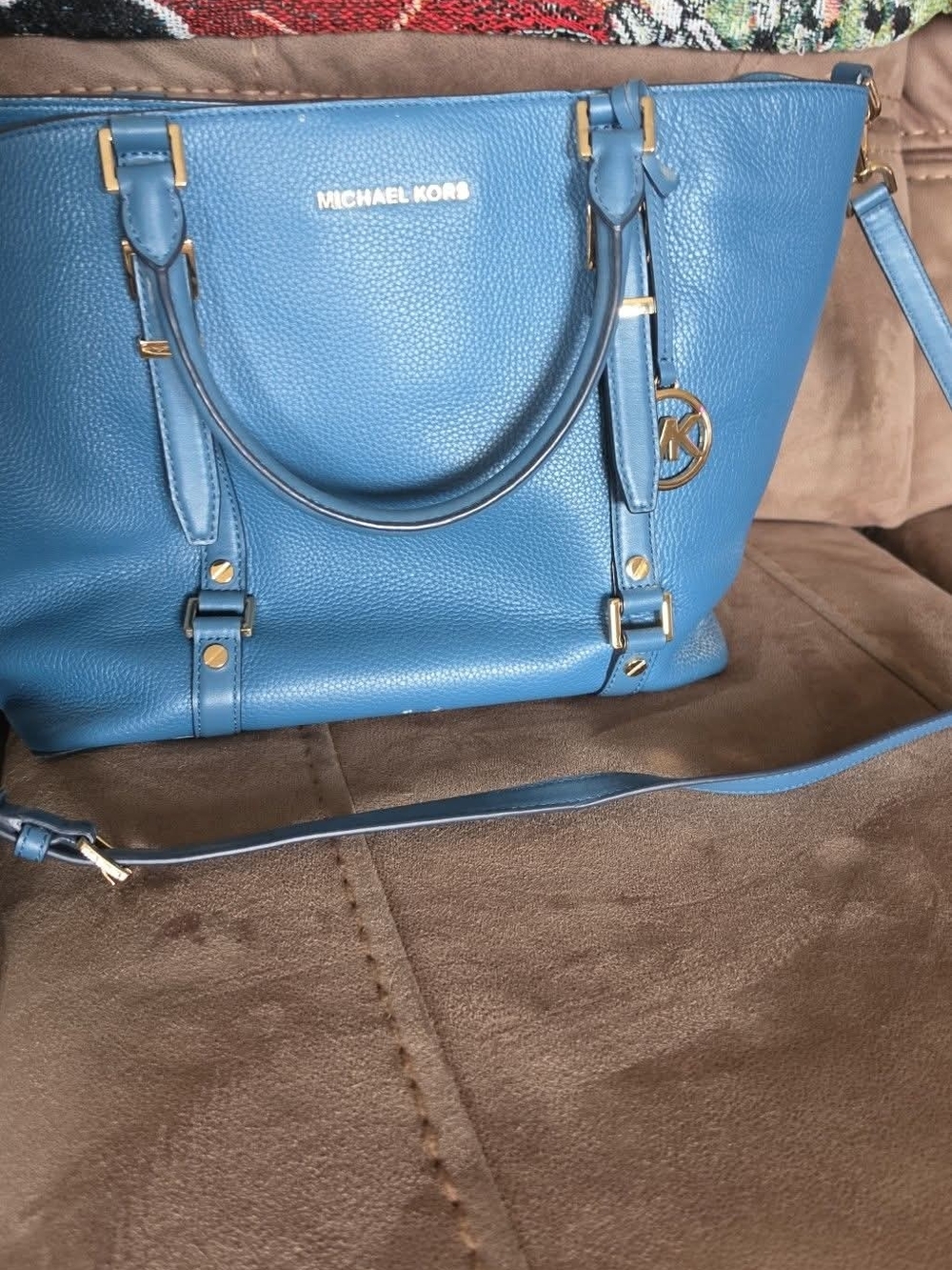 Michael Kors Blue Leather Satchel with Gold Hardware